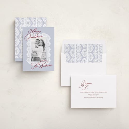 This is a fog holiday photo cards with standard by AK Graphics called lace doilie printing on recycled smooth signature in standard