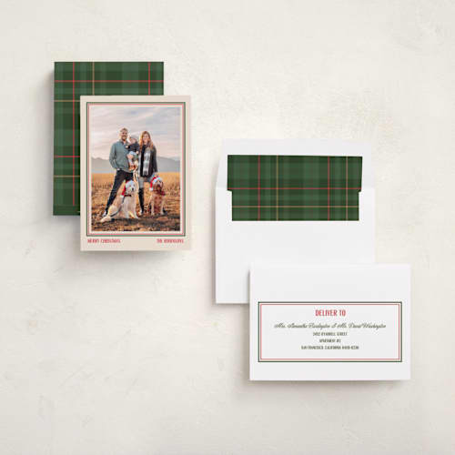 This is a stocking holiday photo cards with standard by Creo Study called simple frame printing on recycled smooth signature in standard