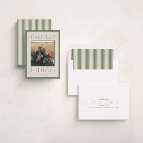 This is a mistletoe holiday photo cards with standard by Wildfield Paper Co called happiest! printing on recycled smooth signature in standard