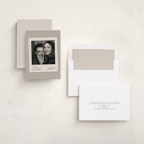 This is a taupe holiday photo cards with standard by Chelsea Petaja called snapshot holiday printing on recycled smooth signature in standard