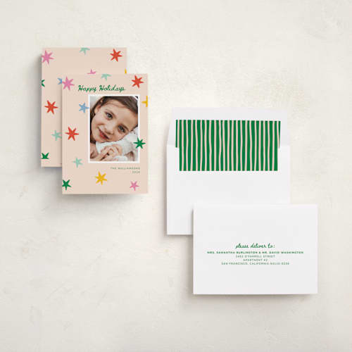 This is a pink sky holiday photo cards with standard by Kristen Magee called star pop printing on recycled smooth signature in standard