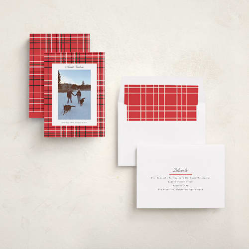 This is a poinsettia holiday photo cards with standard by Emily Sabol Goss called retro plaid printing on recycled smooth signature in standard