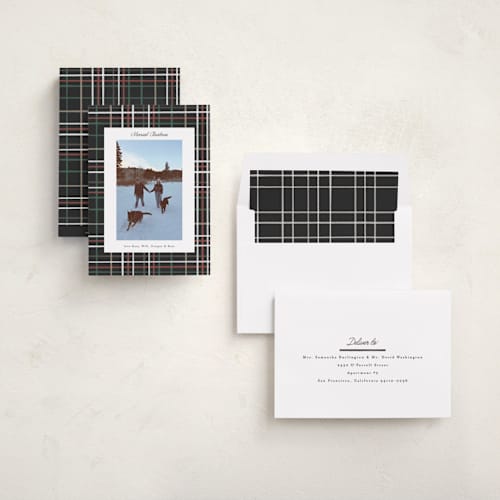 This is a noir holiday photo cards with standard by Emily Sabol Goss called retro plaid printing on recycled smooth signature in standard