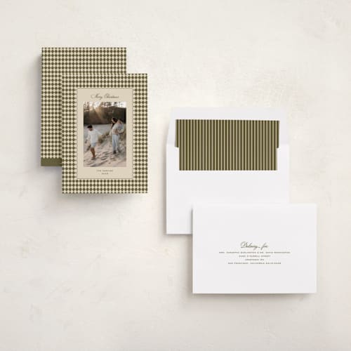 This is a olive holiday photo cards with standard by Ellen Schlegelmilch called mini argyle printing on recycled smooth signature in standard