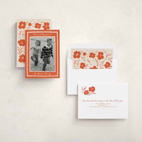 This is a cinnamon holiday photo cards with standard by THE SOCIAL TYPE WHOLESALE called block print printing on recycled smooth signature in standard