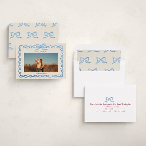 This is a bluebell holiday photo cards with standard by Cass Loh called watercolor ribbon frame printing on recycled smooth signature in standard
