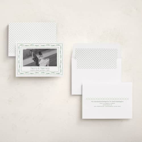 This is a elf shoes holiday photo cards with standard by Erika Firm called nostalgic ribbon border printing on recycled smooth signature in standard