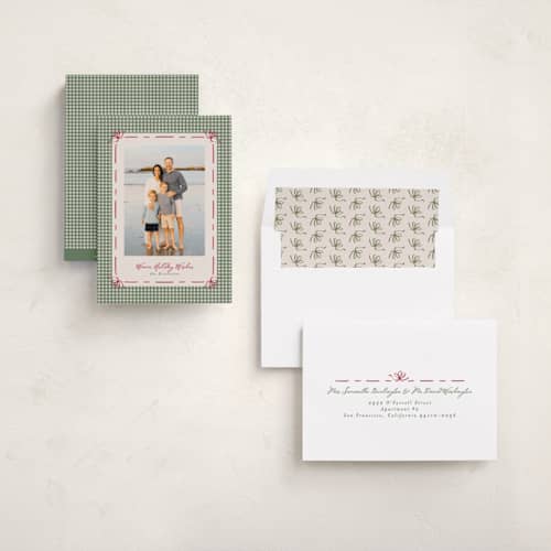 This is a pine holiday photo cards with standard by Tamara Hilje called coastal gingham printing on recycled smooth signature in standard