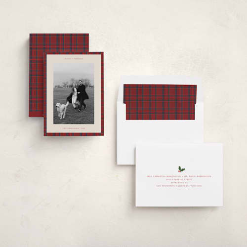 This is a crimson holiday photo cards with standard by Studio Suku called windsor printing on recycled smooth signature in standard