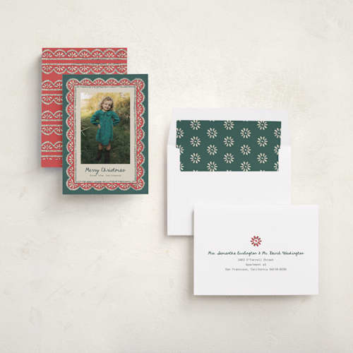 This is a forest holiday photo cards with standard by Chris Griffith called holiday chantilly lace printing on recycled smooth signature in standard