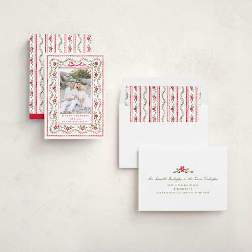 This is a poinsettia holiday photo cards with standard by Sarah Knight called festively framed printing on recycled smooth signature in standard