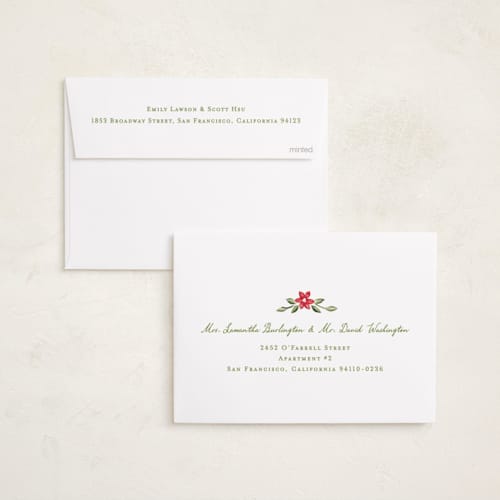 This is a poinsettia holiday photo cards with standard by Sarah Knight called festively framed printing on recycled smooth signature in standard