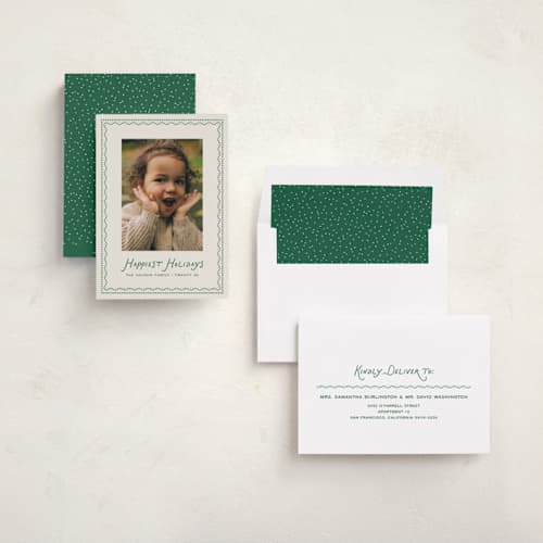 This is a noble fir holiday photo cards with standard by Erica Krystek called festive border printing on recycled smooth signature in standard