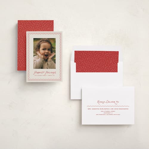 This is a cream holiday photo cards with standard by Erica Krystek called festive border printing on recycled smooth signature in standard