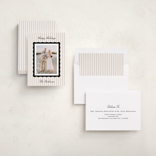 This is a licorice holiday photo cards with standard by Kelly Schmidt called wavy edge frame printing on recycled smooth signature in standard