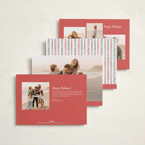 This is a snow holiday photo cards with standard by Amy Kross called blanket stitch printing on recycled smooth signature in standard
