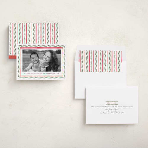 This is a snow holiday photo cards with standard by Amy Kross called blanket stitch printing on recycled smooth signature in standard