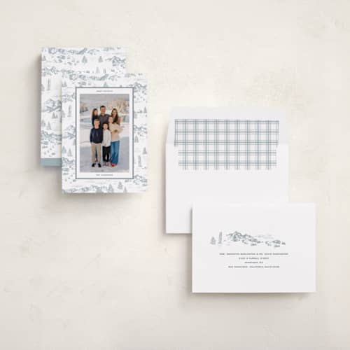 This is a powder holiday photo cards with standard by Jenna Holcomb called ski toile printing on recycled smooth signature in standard