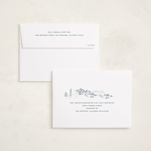 This is a powder holiday photo cards with standard by Jenna Holcomb called ski toile printing on recycled smooth signature in standard