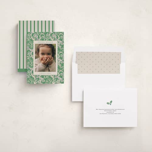 This is a forest holiday photo cards with standard by Sabrin Deirani called heritage pomegranate printing on recycled smooth signature in standard