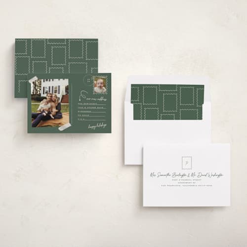 This is a spruce holiday photo cards with standard by Gwen Bedat called return address printing on recycled smooth signature in standard