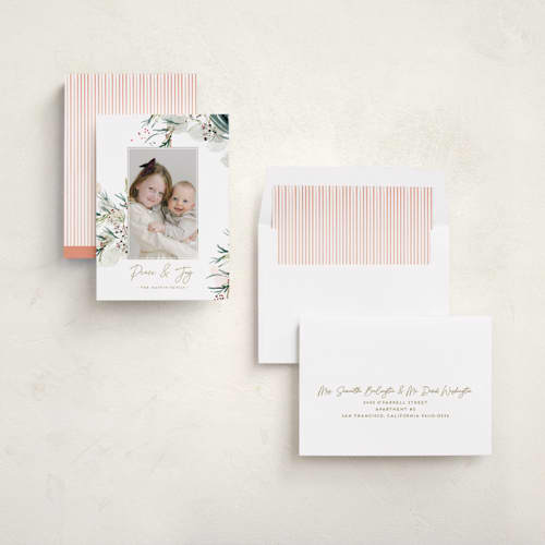 This is a sage holiday photo cards with standard by Eve Schultz called tossed printing on recycled smooth signature in standard
