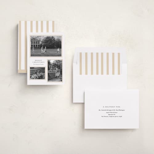 This is a ivory holiday photo cards with standard by Angela Thompson called triple frame printing on recycled smooth signature in standard