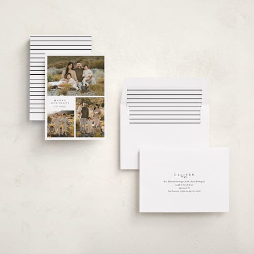 This is a snowflake holiday photo cards with standard by Angela Thompson called happy trio printing on recycled smooth signature in standard