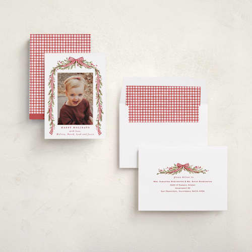 This is a stocking holiday photo cards with standard by Sarah Knight called gingham ribbon garland printing on recycled smooth signature in standard