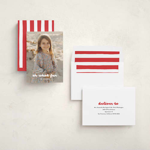 This is a snow holiday photo cards with standard by Maria Alou called what fun printing on recycled smooth signature in standard