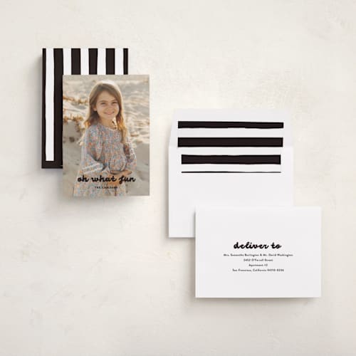 This is a midnight holiday photo cards with standard by Maria Alou called what fun printing on recycled smooth signature in standard