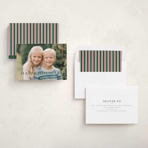This is a balsam holiday photo cards with standard by Wildfield Paper Co called happy holidays! printing on recycled smooth signature in standard