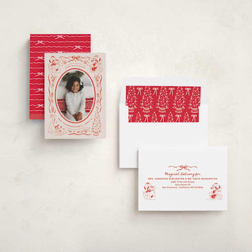 This is a santa suit holiday photo cards with standard by Creo Study called disney's mickey n' friends warm wishes printing on recycled smooth signature in standard