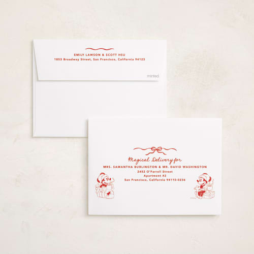 This is a santa suit holiday photo cards with standard by Creo Study called disney's mickey n' friends warm wishes printing on recycled smooth signature in standard