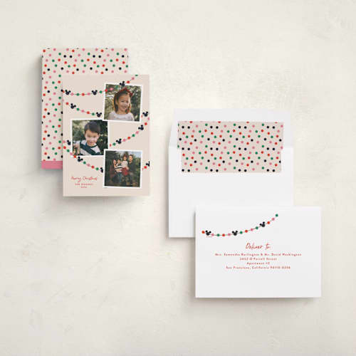 This is a frosting holiday photo cards with standard by Annie Holmquist called disney's mickey mouse garland printing on recycled smooth signature in standard