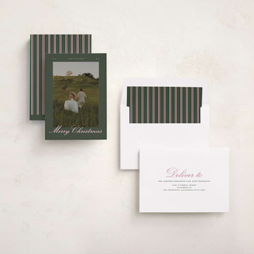 This is a pine holiday photo cards with standard by Christy Hy Lee called vintage scene printing on recycled smooth signature in standard