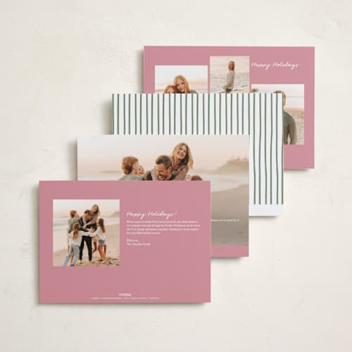 This is a pink sand holiday photo cards with standard by Chris Griffith called holiday wrap printing on recycled smooth signature in standard