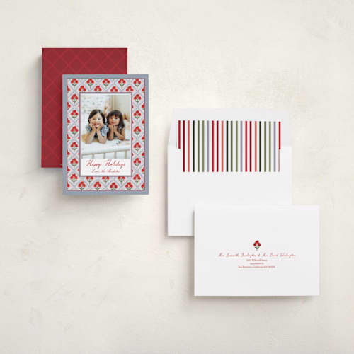 This is a cherry holiday photo cards with standard by Jenni called blue rose printing on recycled smooth signature in standard