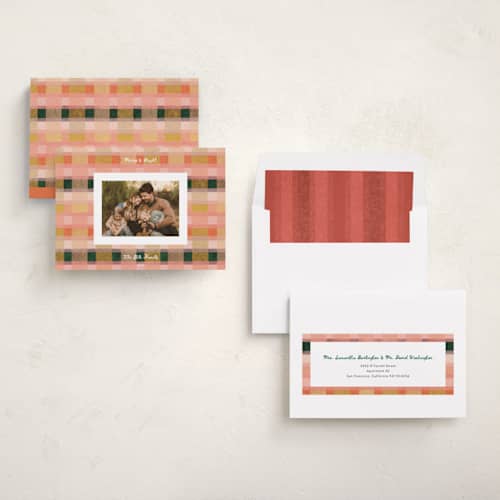 This is a apricot holiday photo cards with standard by Carrie Moradi called festive checked plaid printing on recycled smooth signature in standard