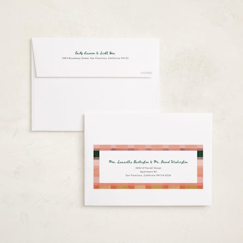 This is a apricot holiday photo cards with standard by Carrie Moradi called festive checked plaid printing on recycled smooth signature in standard