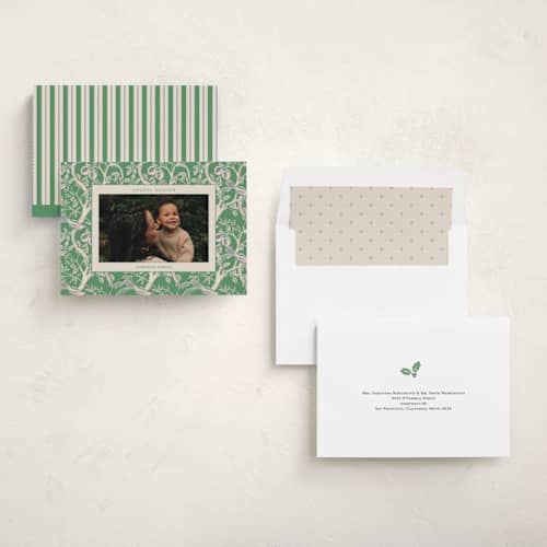 This is a forest holiday photo cards with standard by Sabrin Deirani called heritage pomegranate printing on recycled smooth signature in standard