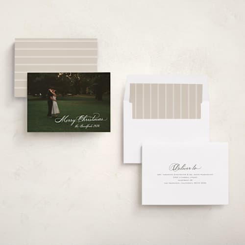 This is a pearl holiday photo cards with standard by Nicole Walsh called formal script printing on recycled smooth signature in standard