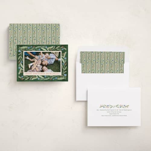 This is a pine holiday photo cards with standard by Amy Kross called verdant printing on recycled smooth signature in standard
