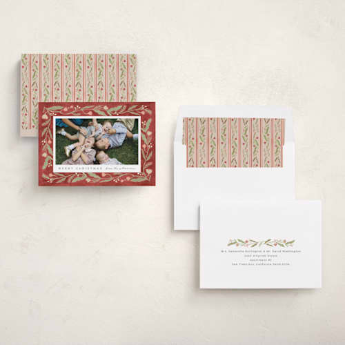 This is a poinsettia holiday photo cards with standard by Amy Kross called verdant printing on recycled smooth signature in standard