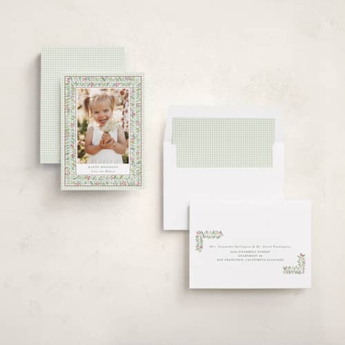This is a holly berry holiday photo cards with standard by Alison Grace called sap green garland printing on recycled smooth signature in standard
