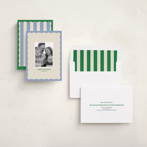 This is a snowflakes holiday photo cards with standard by Helena Vitto called color wave printing on recycled smooth signature in standard