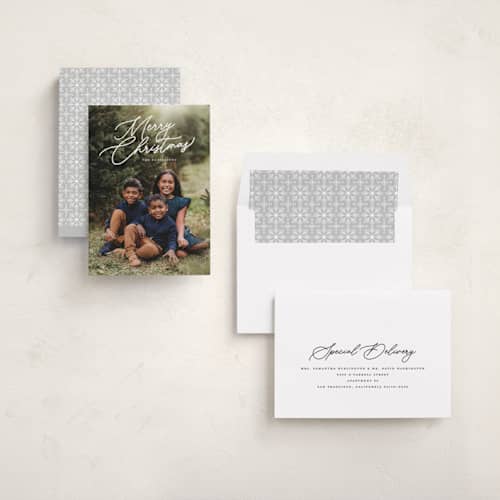 This is a snowfall holiday photo cards with standard by Melanie Kosuge called merry monoline printing on recycled smooth signature in standard