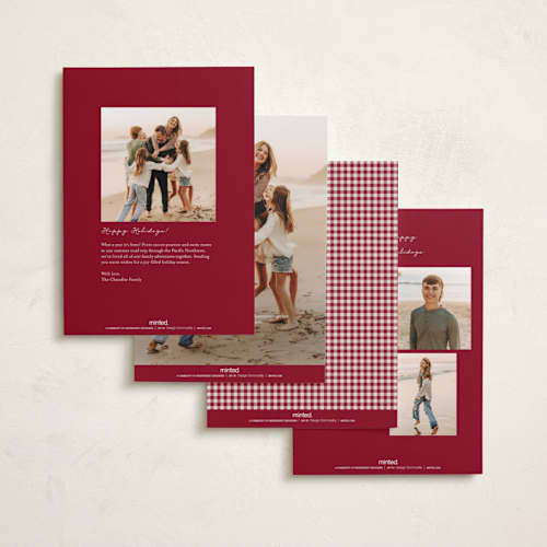 This is a cranberry holiday photo cards with standard by Emily Betts called gingham vintage printing on recycled smooth signature in standard