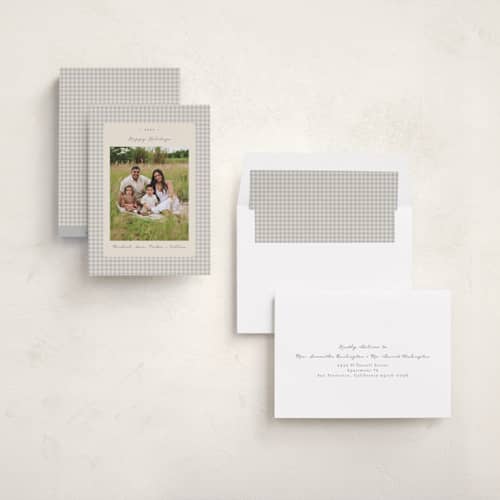 This is a ash holiday photo cards with standard by Emily Betts called gingham vintage printing on recycled smooth signature in standard