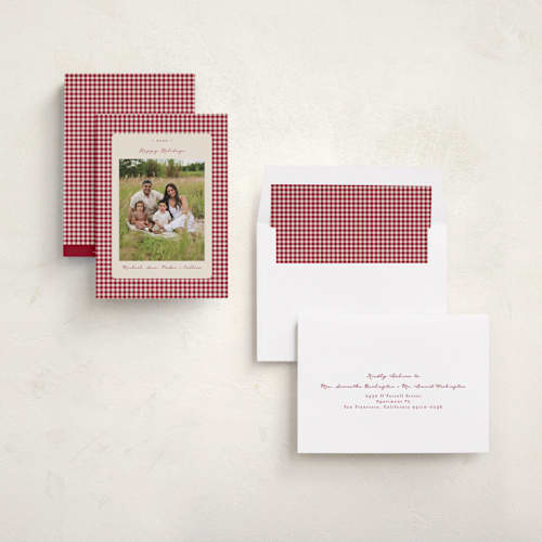 This is a cranberry holiday photo cards with standard by Emily Betts called gingham vintage printing on recycled smooth signature in standard